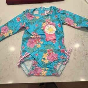Ruffle Butts Floral Rashguard - Blue and Pink